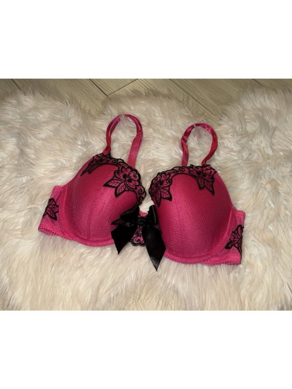 Cacique Embroidered Floral Mesh Lace Bra Big Bow Lined Underwire Womens 36D Pink